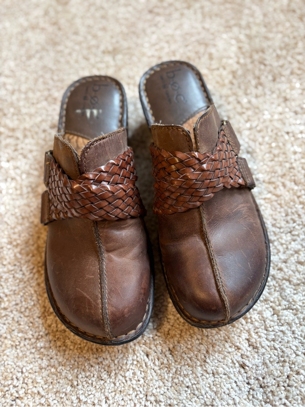 boc Brown Leather Woven Strap Clog Mules